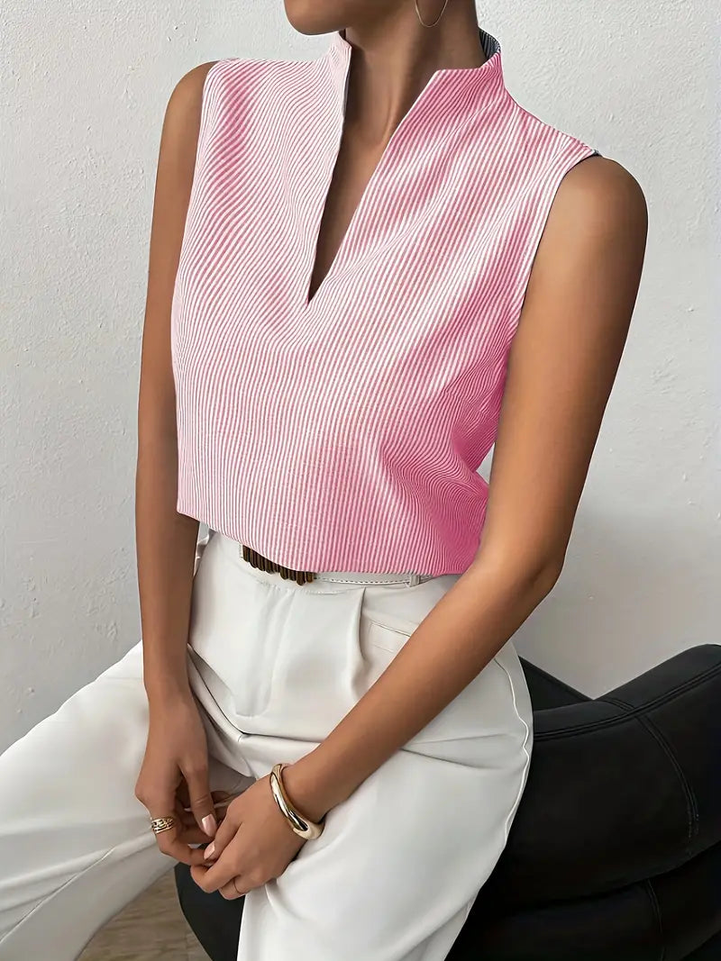 Gestreepte Mouwloze Top met V-Halskraag – Elegant & Minimalistisch