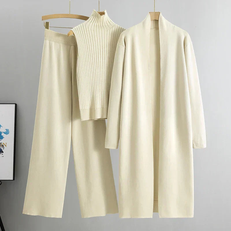 Felmina 3-delige Set – Beige Co-ord met Cardigan, Top & Wijde Broek