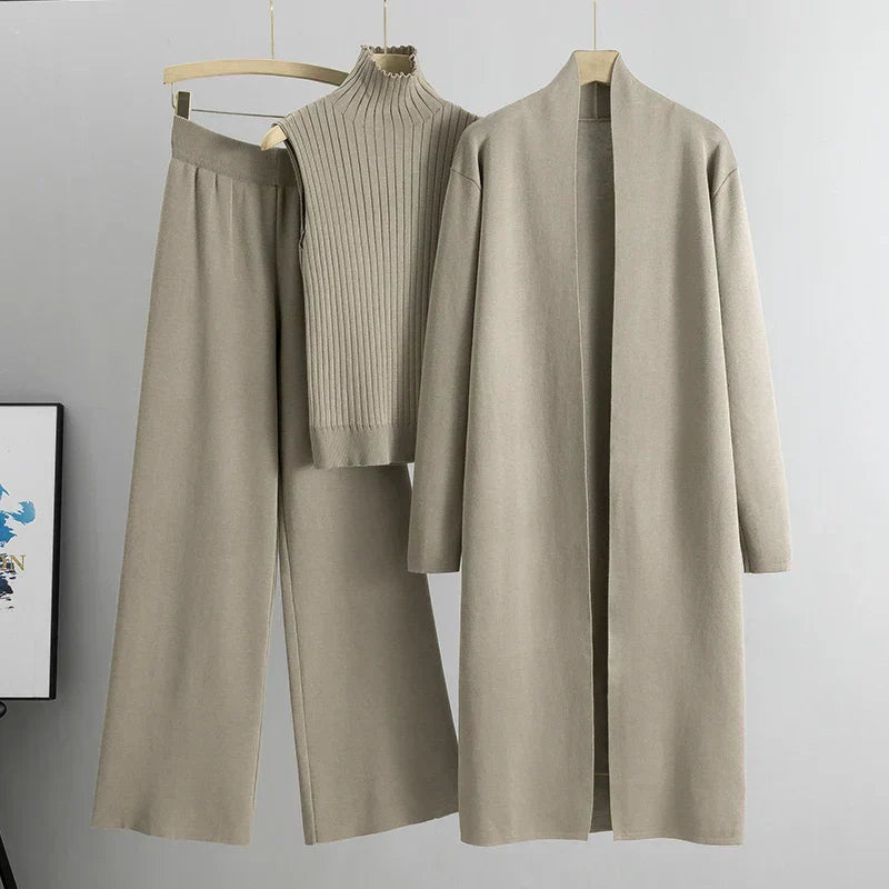 Felmina 3-delige Set – Beige Co-ord met Cardigan, Top & Wijde Broek